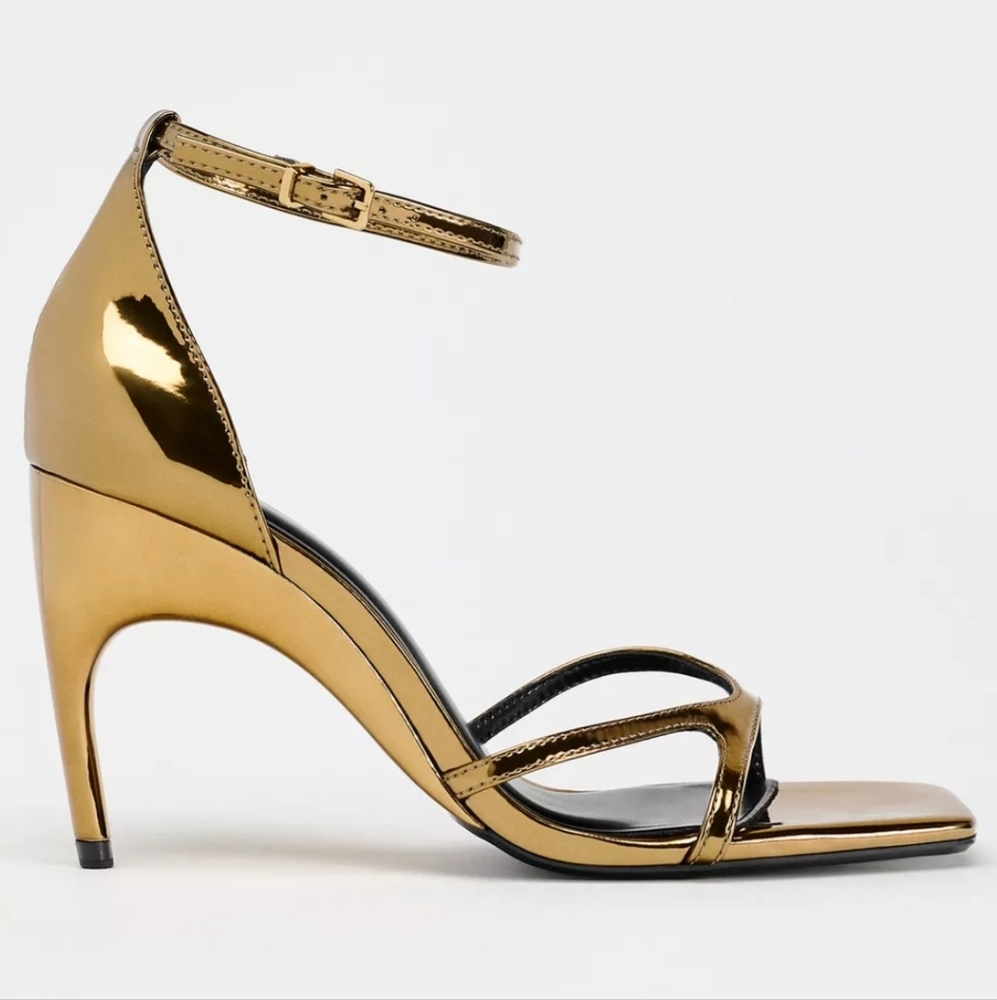 Zara Gold Heeled Sandals with Ankle Strap